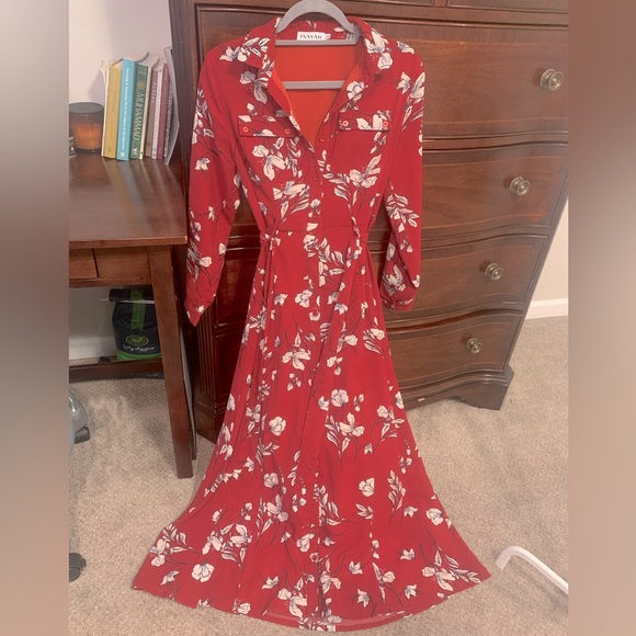 inayah Dresses & Skirts - Inayah Red White Rust Floral Flower Maxi Dress Collar Button Shirtdress Belt XS